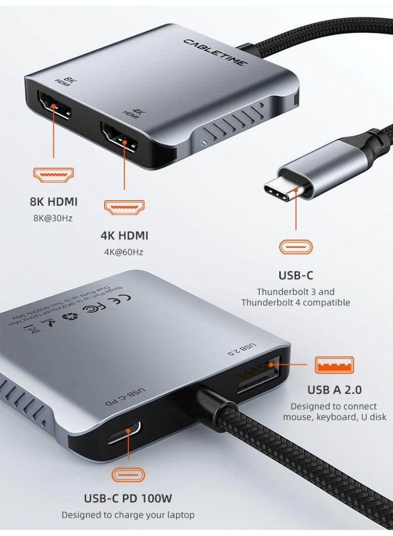 كابل تايم موزع كابل تايم 8K USB-C إلى منفذي HDMI، يدعم تقنية MST - Image 5